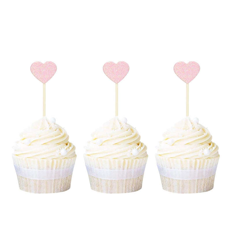Ercadio Light Pink Glitter Heart Cupcake Toppers Love Theme Cupcake Picks Wedding Bridal Shower Birthday Party Cake Decors 40 PCS - Image 1